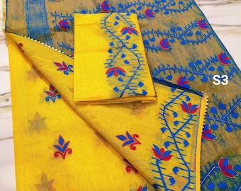 Cutdana Aari Work Jamdani Saree con pieza de blusa, Karchupi Sari bordado a mano