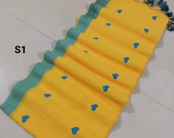 Sari de algodón Khadi bordado en telar manual: suave Suti Sari con pieza de blusa
