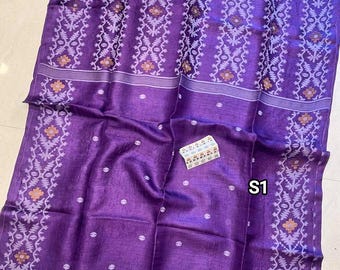 Handwoven Gachi Tussar Silk Jamdani Saree: Silkmark Certified Desi Tussar Sari with Blouse Piece