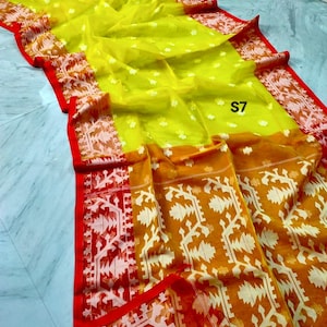 Sari Jamdani de muselina tejido a mano: sari de seda Resam de dos tonos con pieza para blusa. S7