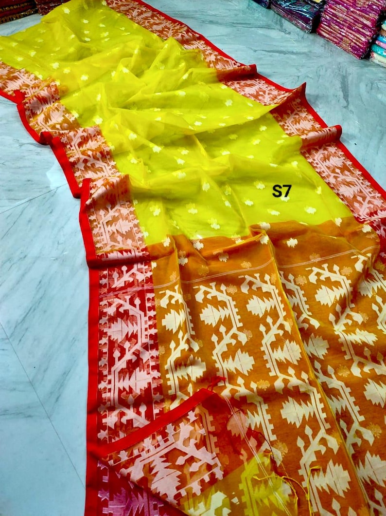 Sari Jamdani de muselina tejido a mano: sari de seda Resam de dos tonos con pieza para blusa. S7