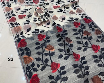 Auténtico sari floral Dhakai Jamdani: sari de muselina de algodón suave con pieza de blusa