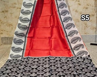 Sari de seda pura Bishnupuri estampado a mano con bloques: Sari de seda suave hecho a mano con pieza para blusa.