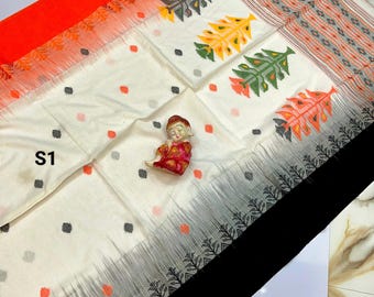 Sari de algodón mercerizado Kataki Khandua con blusa Pieza: Sari de algodón Ikat en telar manual