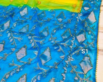 Sari Jamdani de muselina bordado Karchupi: Sari de seda Resam de trabajo Aari Cutdana con pieza de blusa