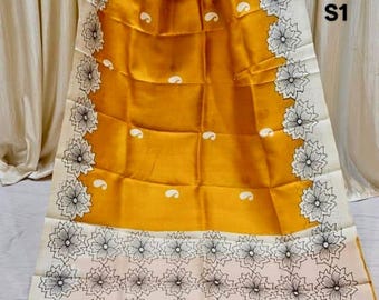 Sari de seda pura estampado a mano: Sari de seda Bishnupuri suave con blusa