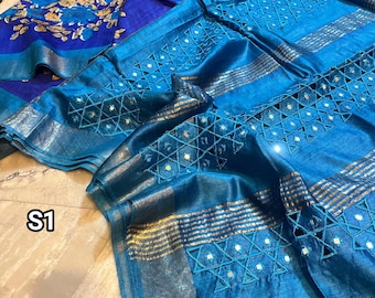 Handwoven Cut Work Gachi Tussar Silk Saree: Screen Printed Tussar Sari with Blouse Piece