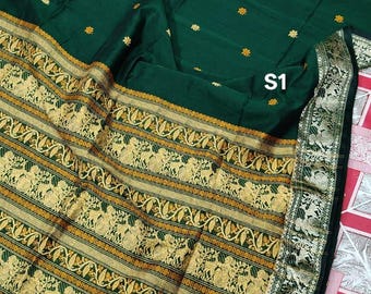 Sari Baluchari de algodón mercerizado con pieza para blusa: Sari de algodón orgánico suave tejido a mano.