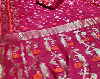 Cotton Resam Zari Jamdani Saree: Soft Cotton  Muslin Dhakai Sari with Blouse Piece