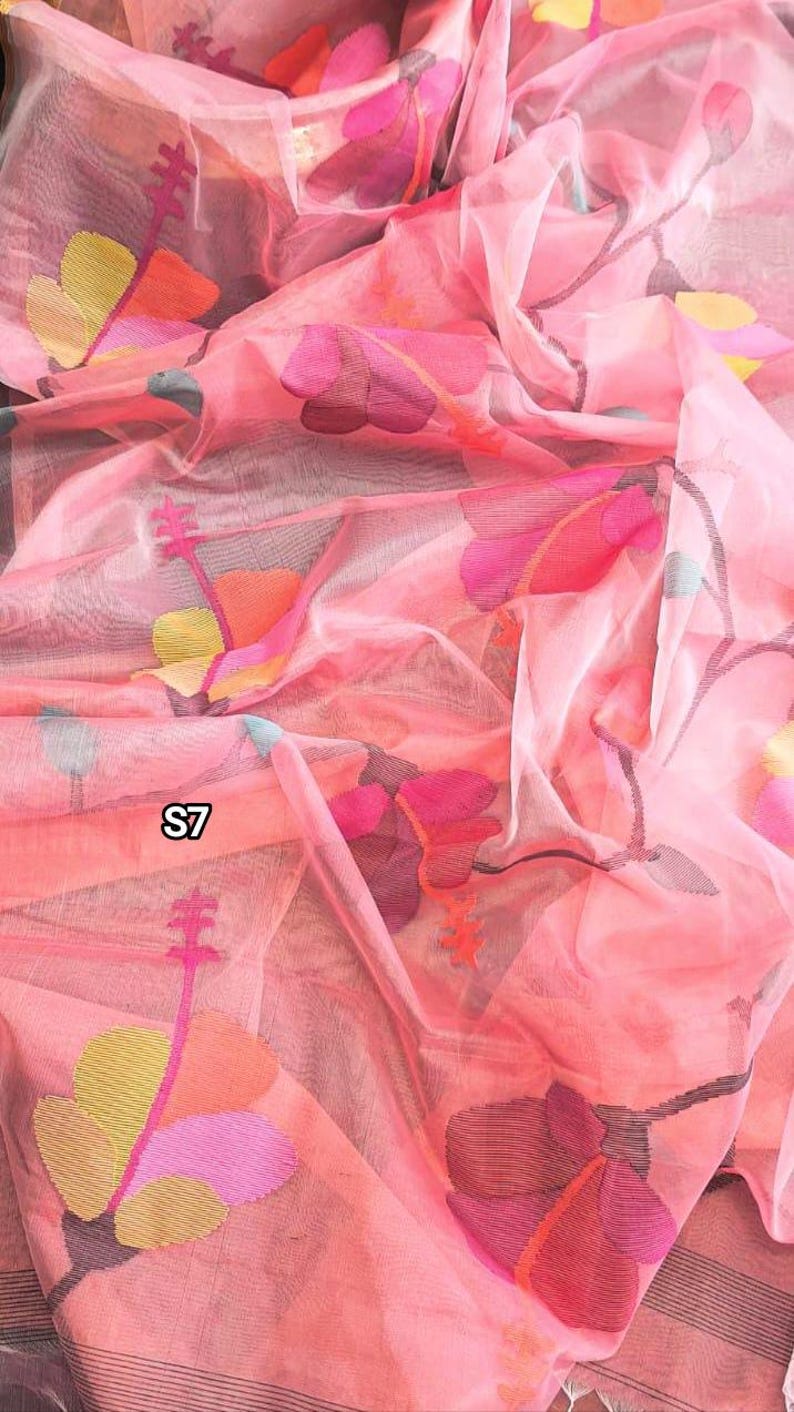 Handwoven Silk Muslin Jamdani Saree: Soft Floral Dhakai Sari with Blouse Piece S7