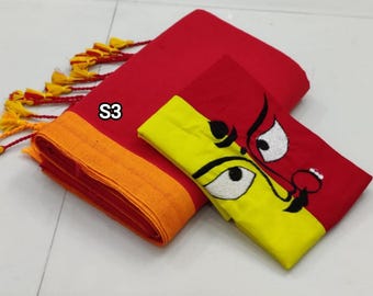 Handwoven Khadi Cotton Saree: Embroidered Blouse Piece, Contrast Border