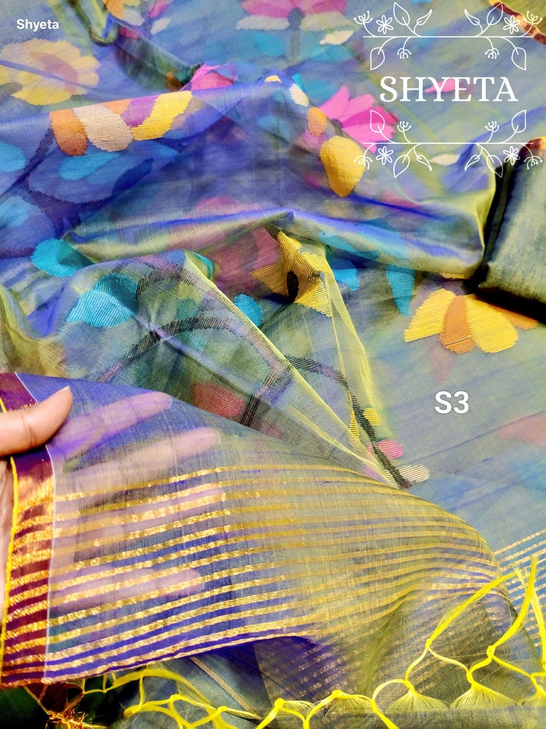 Handwoven Silk Muslin Jamdani Saree: Soft Floral Dhakai Sari with Blouse Piece image 1