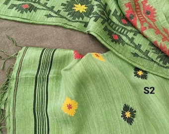 Sari de seda Matka Jamdani tejido a mano: Sari de seda pura con pieza para blusa (certificado SilkMark).