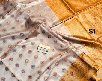 Silk Mark Certified Munga Tussar Saree With Blouse Piece: Handloom Contrast Border Banarasi Sari
