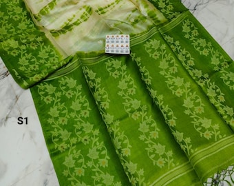Shibori Gachi Tussar Jamdani Saree hecho a mano con pieza de blusa: Sari de seda Tussar teñido con corbata suave