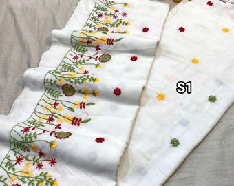 Sari de algodón Khadi tejido a mano con pieza para blusa: Sari Suti suave con bordado floral