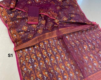 Cotton Resam Dhakai Jamdani Saree: Soft Zari Jamdani Sari with Blouse Piece