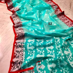 Sari Jamdani de muselina tejido a mano: sari de seda Resam de dos tonos con pieza para blusa. S2