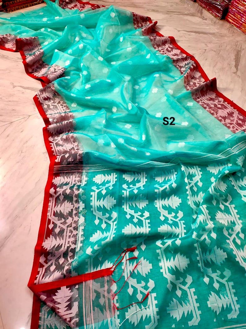 Sari Jamdani de muselina tejido a mano: sari de seda Resam de dos tonos con pieza para blusa. S2