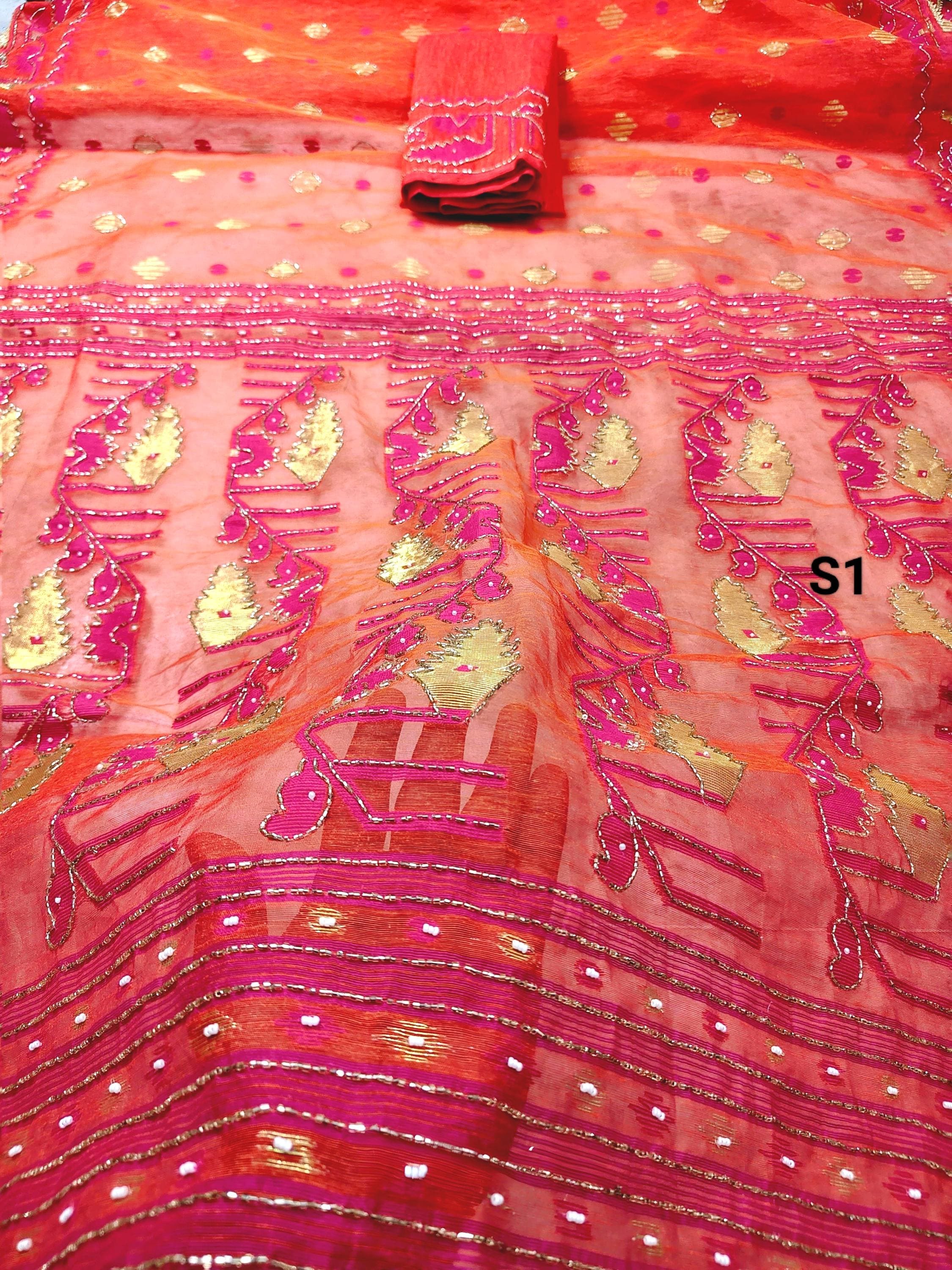 Karchupi Jamdani Saree: Hand Aari Embroidery Cutdana Dhakai