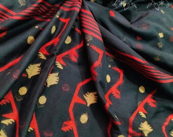 Black and Red Khadi Cotton Jamdani Saree: Soft Handwoven Dhakai Sari with Blouse Piece