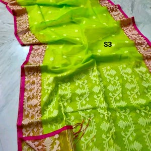 Sari Jamdani de muselina tejido a mano: sari de seda Resam de dos tonos con pieza para blusa. S3