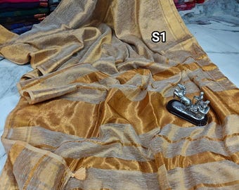 Organic Tissue Linen Saree: Zari Bordered Handwoven Linen Sari with Blouse Piece