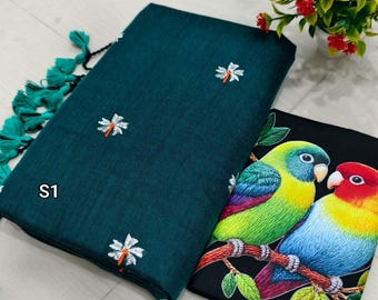 Handloom Shiuli Embroidery Khadi Cotton Saree With Digital Printed Pure Cotton Blouse Piece
