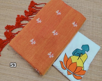 Sari de algodón Khadi tejido a mano: Sari floral bordado con pieza para blusa