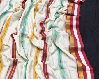 Handloom Striped Cotton Malmal Saree: Soft Mal Cotton Sari with Blouse Piece