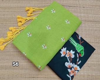 Sari de algodón Khadi bordado con flores: Sari Suti tejido a mano con pieza para blusa.
