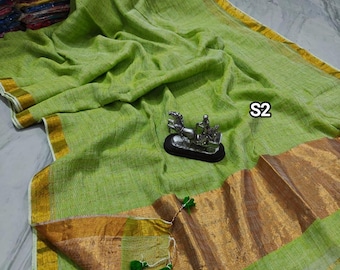 Handwoven Zari Check Linen Saree with Blouse Piece