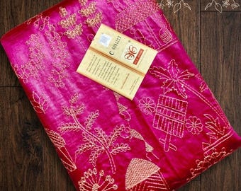 Sari Tussar bordado Warli certificado con marca de seda con pieza de blusa: Sari de seda Gachi Tussar de telar manual suave