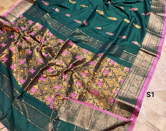 Sari Banarasi de algodón mercerizado tejido a mano: Jamdani Sari de algodón suave con pieza de blusa