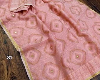 Karchupi Embroidery Work Jamdani Saree: Hand Aari Cutdana Dhakai Jamdani Sari With Blouse Piece