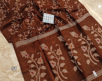 Desi Tussar Silk Jamdani Saree: Handloom Gachi Sari with Blouse Piece (Silk Mark Certified)