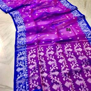 Sari Jamdani de muselina tejido a mano: sari de seda Resam de dos tonos con pieza para blusa. S6