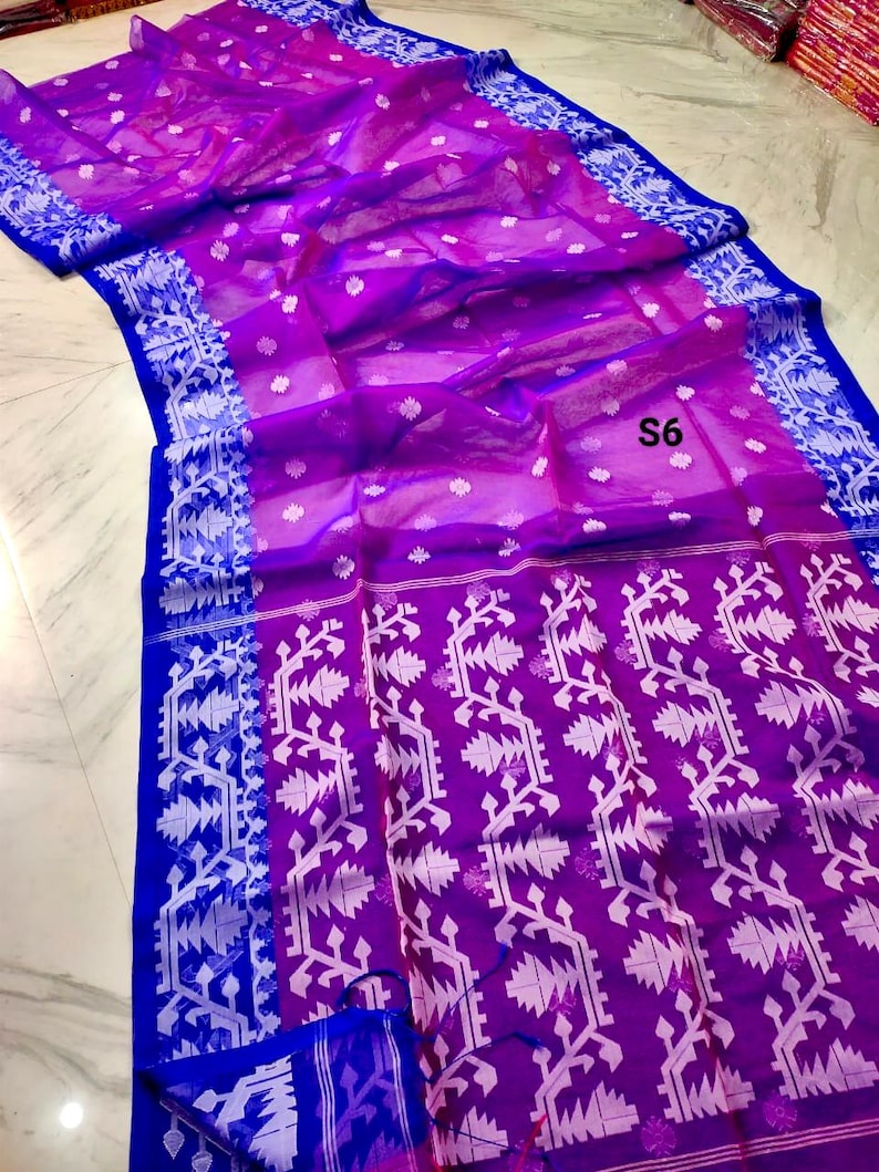 Sari Jamdani de muselina tejido a mano: sari de seda Resam de dos tonos con pieza para blusa. S6