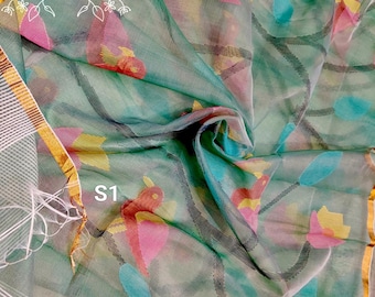 Sari Jamdani de muselina tejido a mano con motivo de pájaros: Sari de seda muselina suave con pieza para blusa.