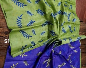 Sari de seda Gachi Tussar hecho a mano con pieza para blusa: Sari de seda Tussar bordado con certificación Silk Mark.