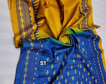 Ikkat Embroidery Tussar Silk Saree: Handcrafted Gachi Silk Sari With Blouse Piece (SilkMark Certified)