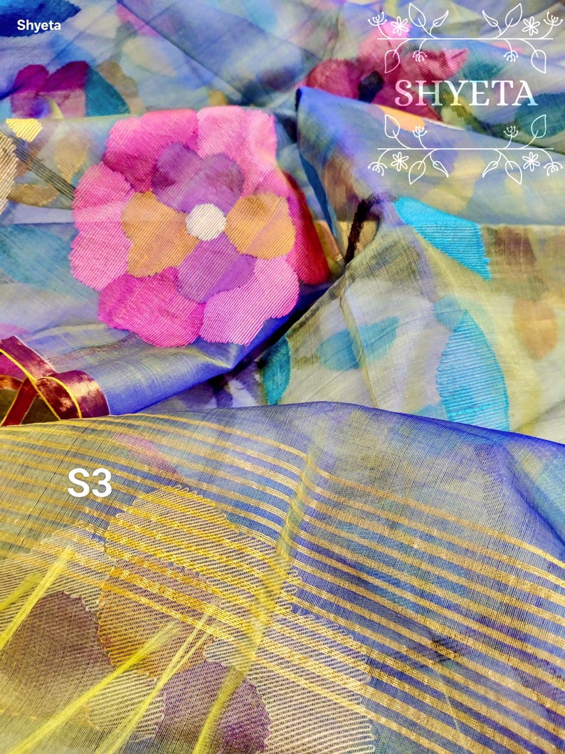 Handwoven Silk Muslin Jamdani Saree: Soft Floral Dhakai Sari with Blouse Piece image 15
