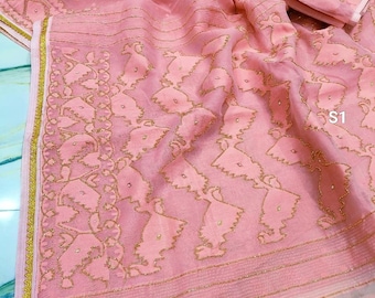 Bordado Karchupi Aari Jamdani Sari: Cutdana Dhakai Jamdani Sari hecho a mano con pieza de blusa