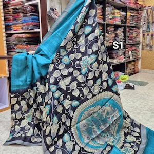 Hand Kalamkari Bishnupuri Silk Saree: Handcrafted Pure Silk Sari With Blouse Piece