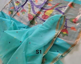 Handwoven Resham Muslin Jamdani Saree With Blouse Piece: Dhakai Silk Sari with Paithani Pallu