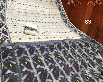 Cotton Muslin Jamdani Saree: Handloom Resam Dhakai Sari with Blouse Piece