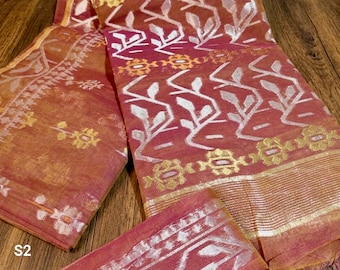 Duel Zari Woven Cotton By Resham Jamdani Saree With Blouse Piece: Soft Dhakai Sari