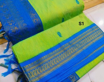 Sari de algodón Gadwal con pieza para blusa: Sari de algodón con borde de zari en contraste tejido a mano y pallu.
