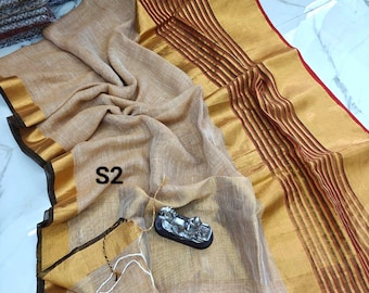 Mahapar Linen Saree With Blouse Piece: Zari Bordered Soft Organic Linen Sari