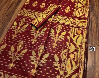 Cotton Resam Zari Jamdani Saree: Soft Cotton Muslin Dhakai Sari with Blouse Piece